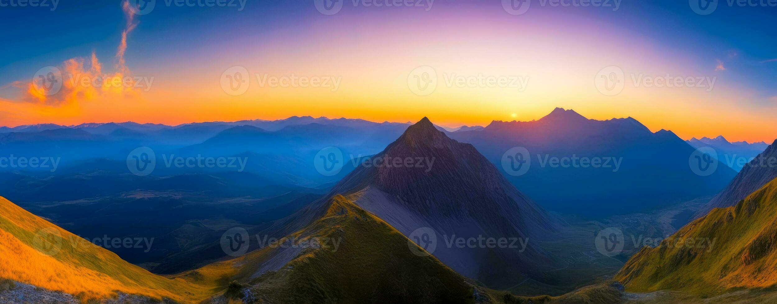 majestätisch Dämmerung, Panorama- Berg Landschaft, ai generiert foto