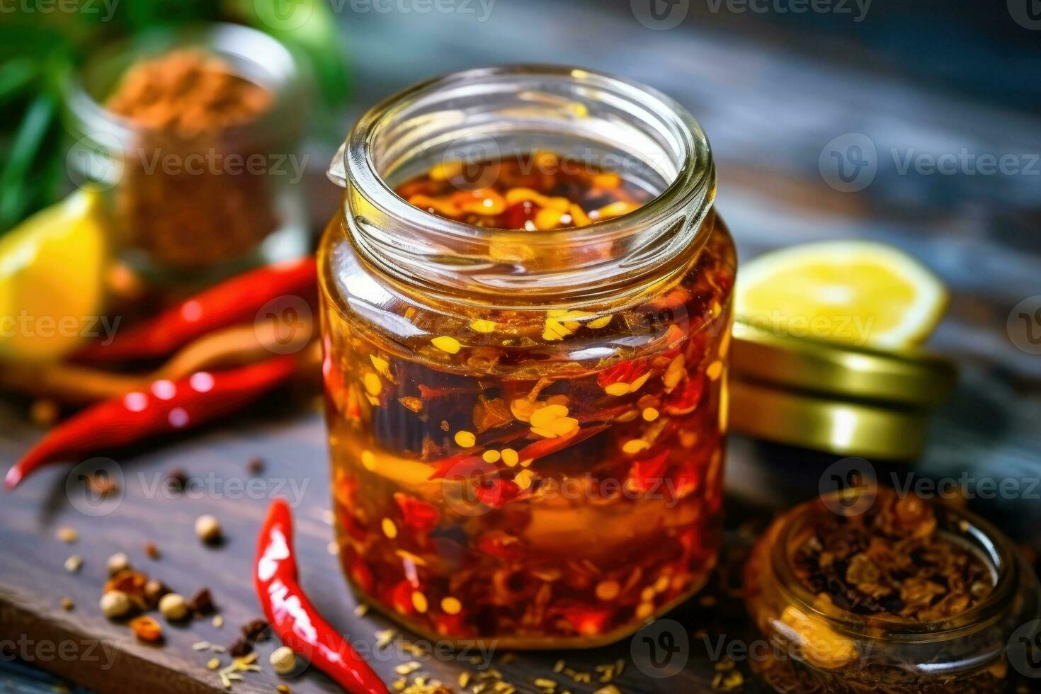 Lager Foto von Chili Öl im Krug auf das Küche eben legen ai generiert