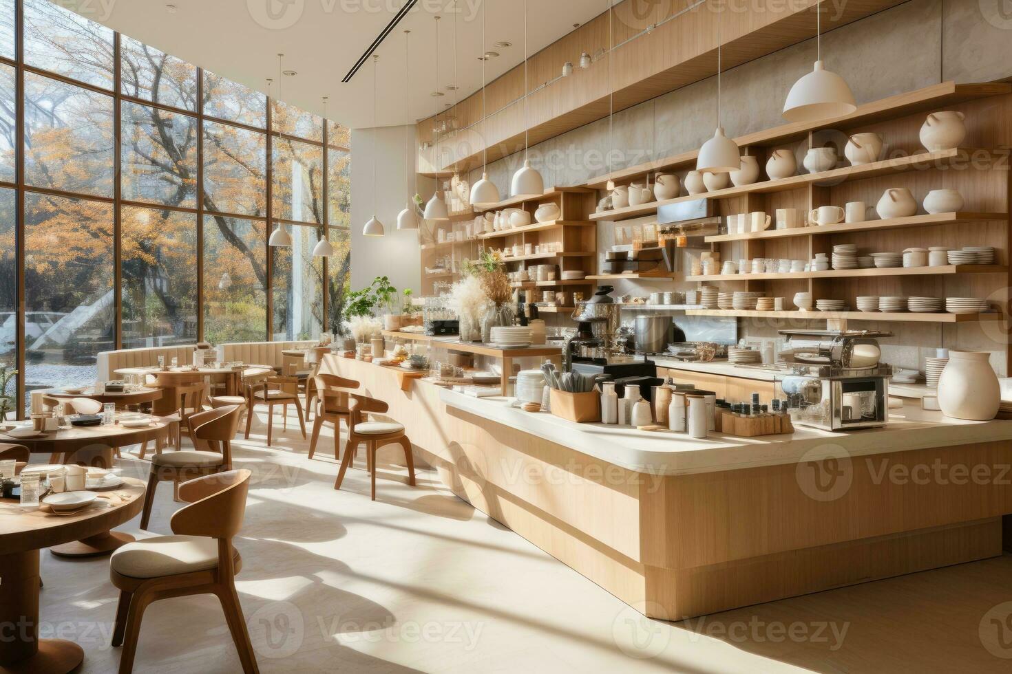 Innerhalb Küche Cafe im minimalistisch Stil Werbung Fotografie ai generiert foto