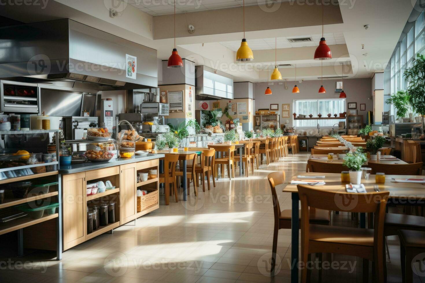 Innerhalb Küche Schule Kantine im modern Stil Fachmann Werbung Fotografie ai generiert foto