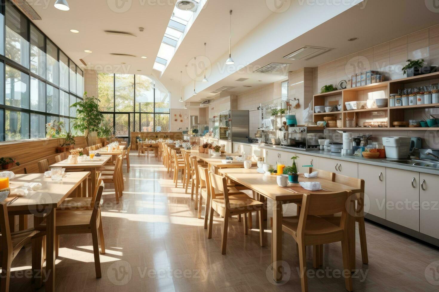 Innerhalb Küche Schule Kantine im modern Stil Fachmann Werbung Fotografie ai generiert foto