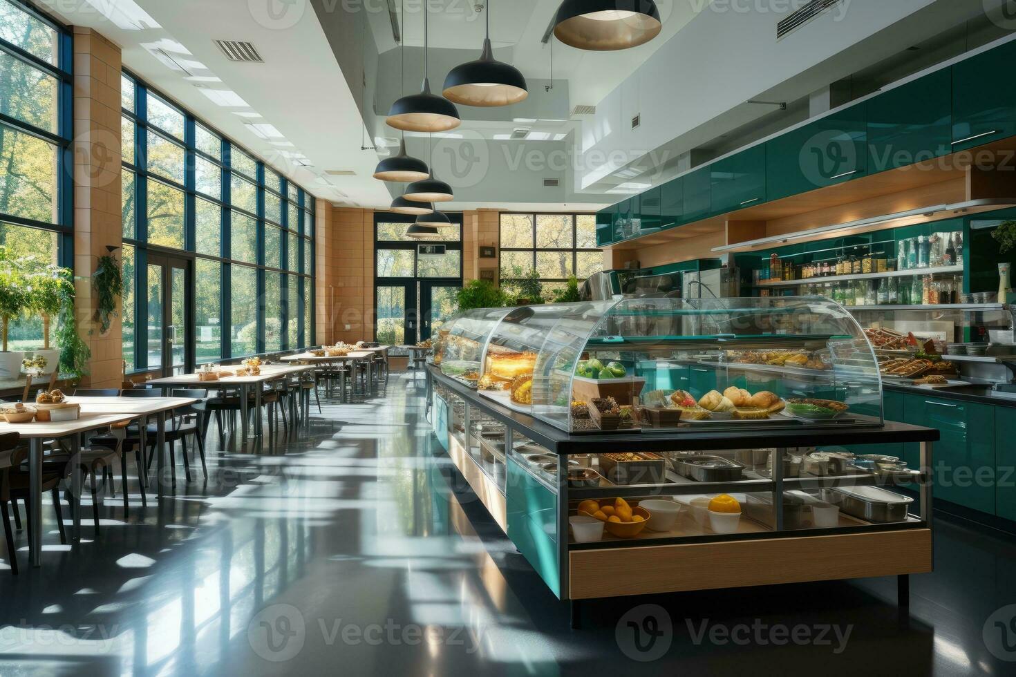 Innerhalb Küche Schule Kantine im modern Stil Fachmann Werbung Fotografie ai generiert foto