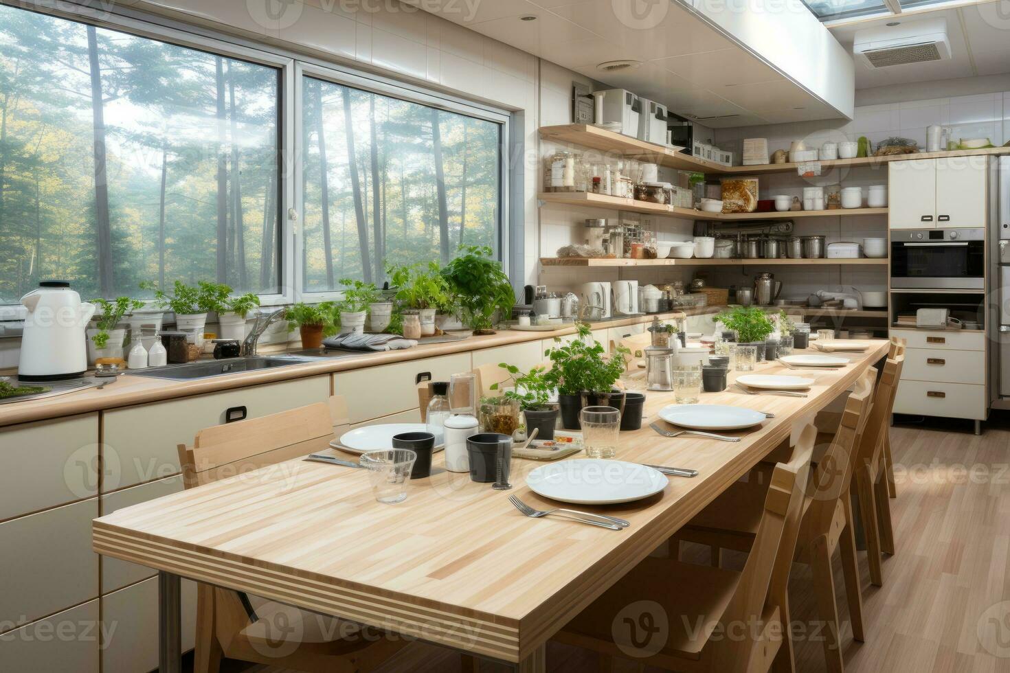 Innerhalb Küche Kantine im minimalistisch Stil Fachmann Werbung Fotografie ai generiert foto