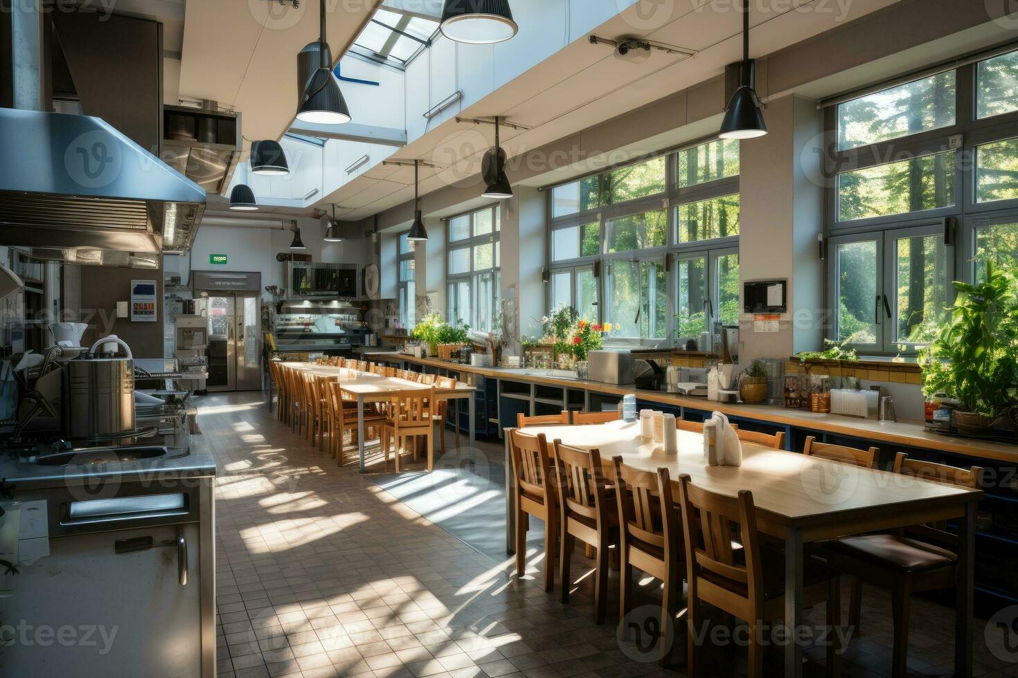 Innerhalb Küche Kantine im modern Stil Fachmann Werbung Fotografie ai generiert foto