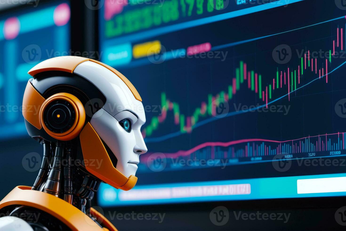 Roboter Handel Analyse, finanziell investieren und Geschäft Grafiken, ai generiert foto
