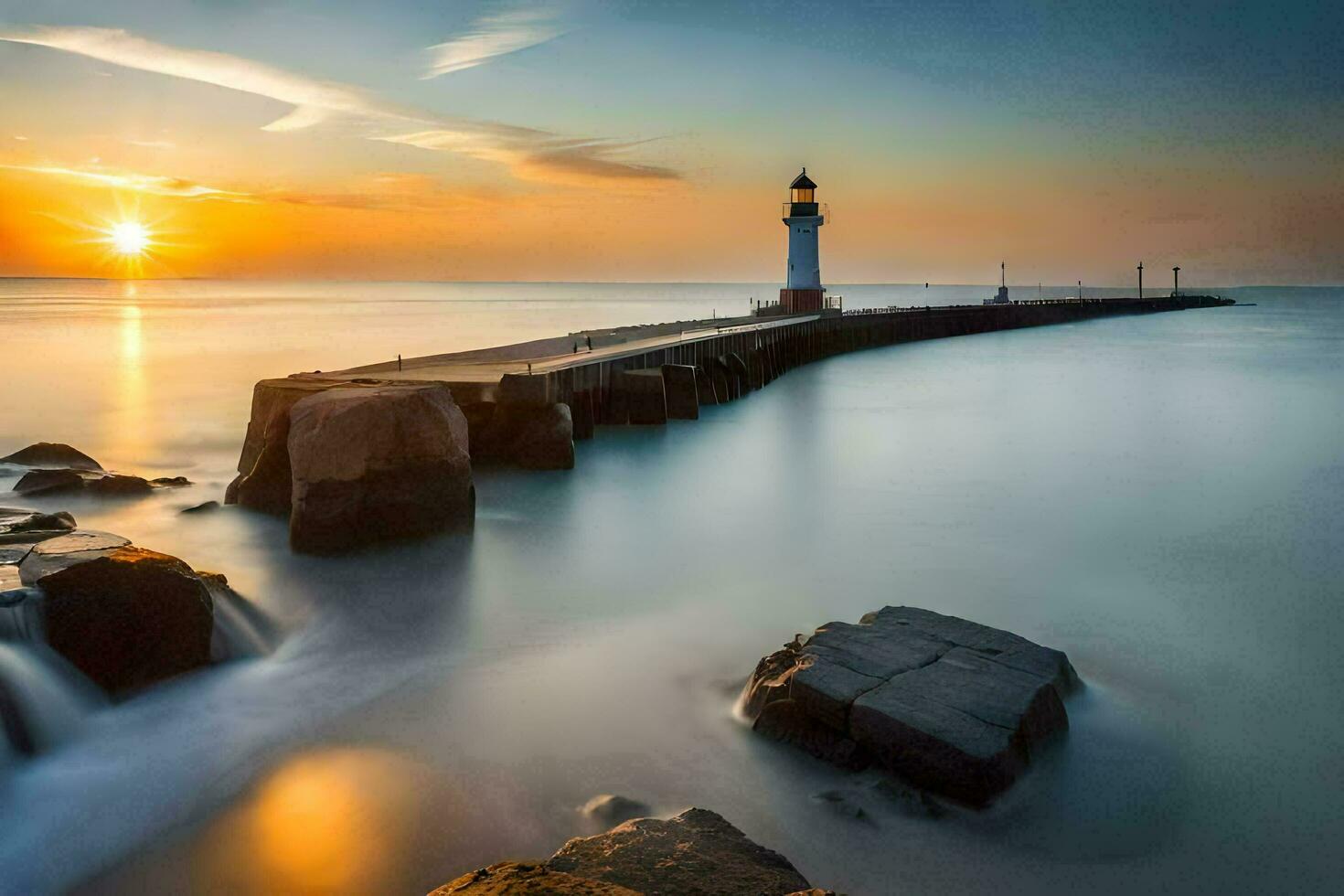 ein Leuchtturm beim Sonnenuntergang mit Felsen und Wasser. KI-generiert foto