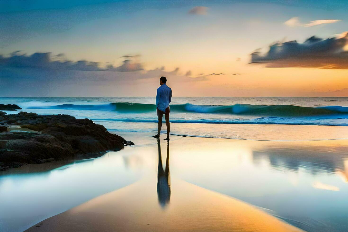 ein Mann Stehen auf das Strand beim Sonnenuntergang. KI-generiert foto