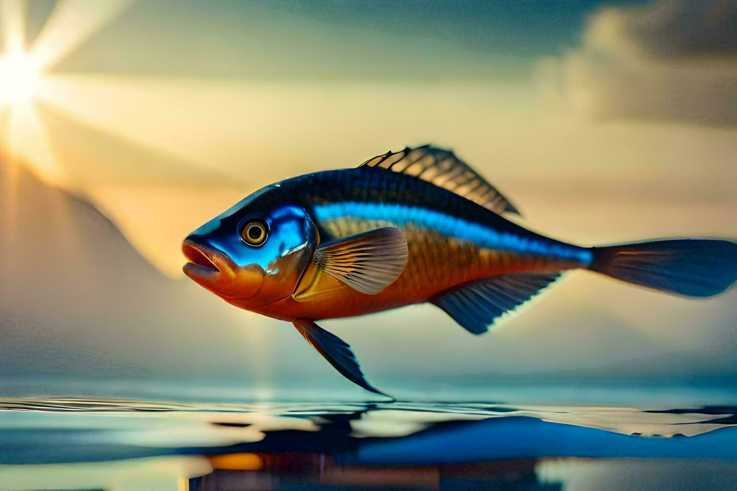 Foto Hintergrund das Himmel, Fisch, Wasser, Sonnenuntergang, das Meer, das Sonne, das Himmel. KI-generiert