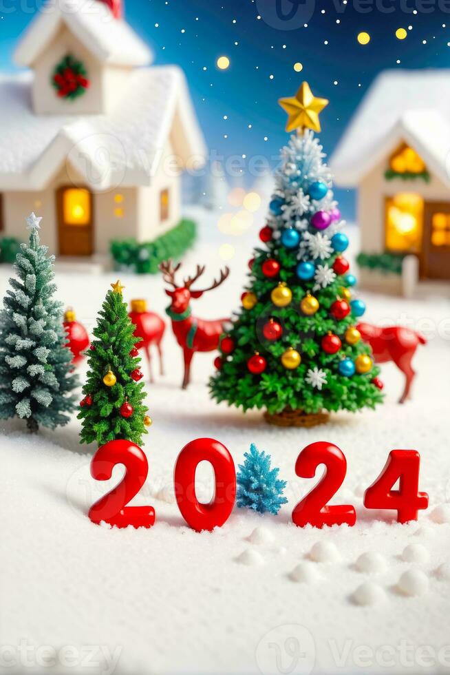 festlich 2024 Miniatur, fröhlich Weihnachten glücklich Neu Jahr im Winter Wunderland, ai generiert foto