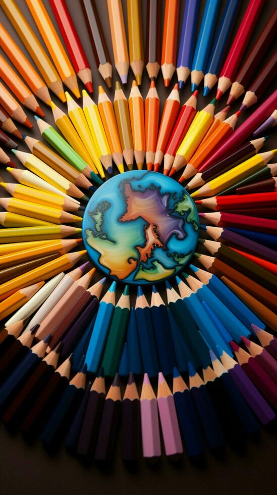 vielfältig Farbtöne von Farbe Bleistifte umgeben ein beschwingt und bunt Globus Vertikale Handy, Mobiltelefon Hintergrund ai generiert foto