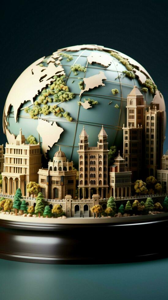 Erde Globus mit Papier Stil Design mit kompliziert Miniatur Gebäude Vertikale Handy, Mobiltelefon Hintergrund ai generiert foto