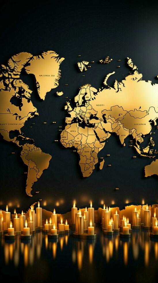 das Gold Welt Karte Diagramm bietet ein Hintergrund zum ein lehrreich Geschäft Konzept Vertikale Handy, Mobiltelefon Hintergrund ai generiert foto