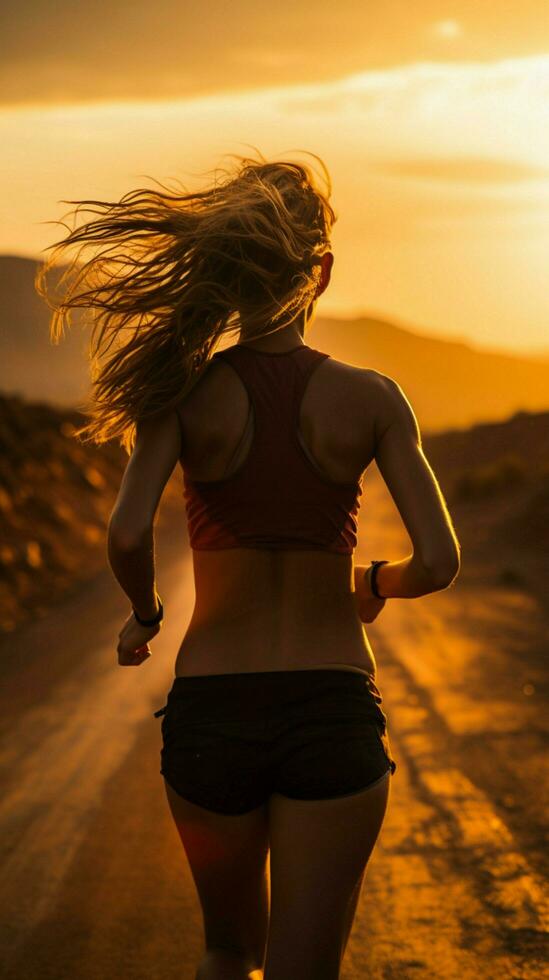 Marathon- Ausbildung im das großartig draußen Frau läuft ein Sonnenuntergang Weg Vertikale Handy, Mobiltelefon Hintergrund ai generiert foto