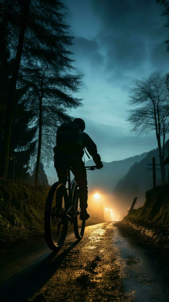 entspannend Fahrrad Reiten unter das dunkel Nacht Himmel, ein friedlich Abend Vertikale Handy, Mobiltelefon Hintergrund ai generiert foto