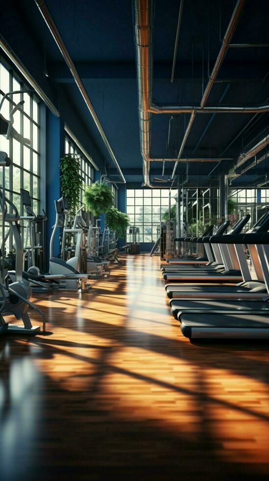 das Innere von ein Fitnessstudio geschmückt mit ein Vielfalt von Fitness Ausrüstung Vertikale Handy, Mobiltelefon Hintergrund ai generiert foto