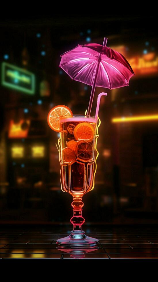 glühend Erfrischung ein Neon- Zeichen zeigt ein Cocktail, Komplett mit ein wenig Regenschirm Vertikale Handy, Mobiltelefon Hintergrund ai generiert foto