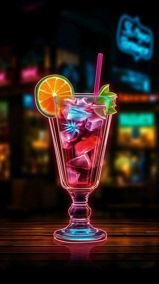 glühend Erfrischung ein Neon- Zeichen zeigt ein Cocktail, Komplett mit ein wenig Regenschirm Vertikale Handy, Mobiltelefon Hintergrund ai generiert foto