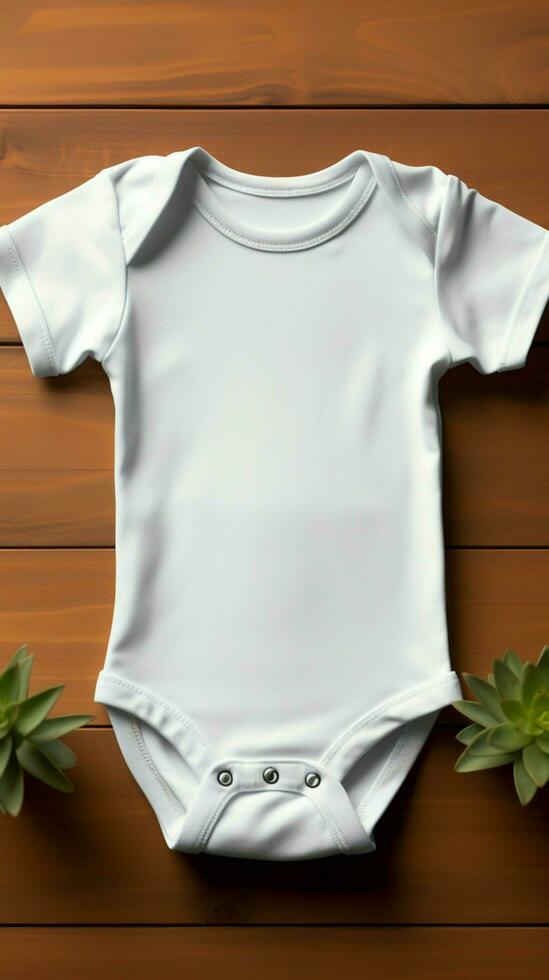 Attrappe, Lehrmodell, Simulation von ein Weiß Baby kurz Ärmel Bodysuit zum präsentieren bezaubernd Sublimation Designs Vertikale Handy, Mobiltelefon Hintergrund ai generiert foto
