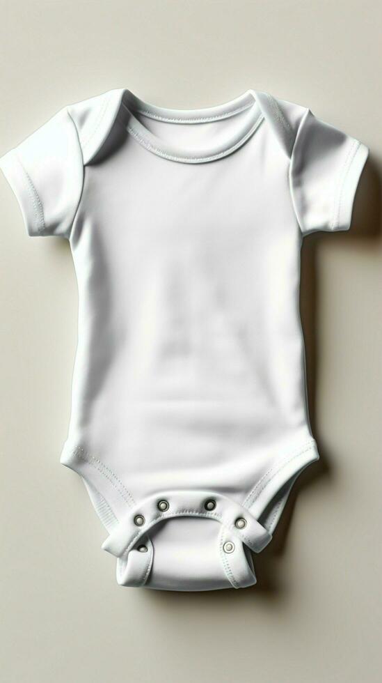 Attrappe, Lehrmodell, Simulation von ein Weiß Baby kurz Ärmel Bodysuit zum präsentieren bezaubernd Sublimation Designs Vertikale Handy, Mobiltelefon Hintergrund ai generiert foto