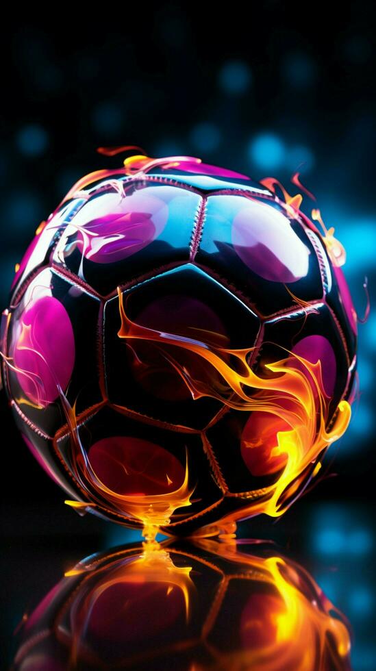 Neon- infundiert Realismus ein Fußball Design Das strahlt Authentizität durch lebendig Licht Vertikale Handy, Mobiltelefon Hintergrund ai generiert foto