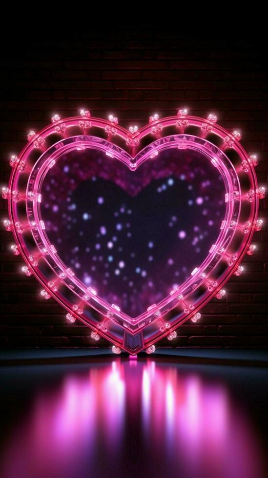 strahlend Liebe Symbol ein Herz Rahmen beleuchtet durch ein fesselnd Neon- Zeichen Vertikale Handy, Mobiltelefon Hintergrund ai generiert foto