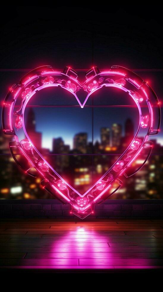 strahlend Liebe Symbol ein Herz Rahmen beleuchtet durch ein fesselnd Neon- Zeichen Vertikale Handy, Mobiltelefon Hintergrund ai generiert foto