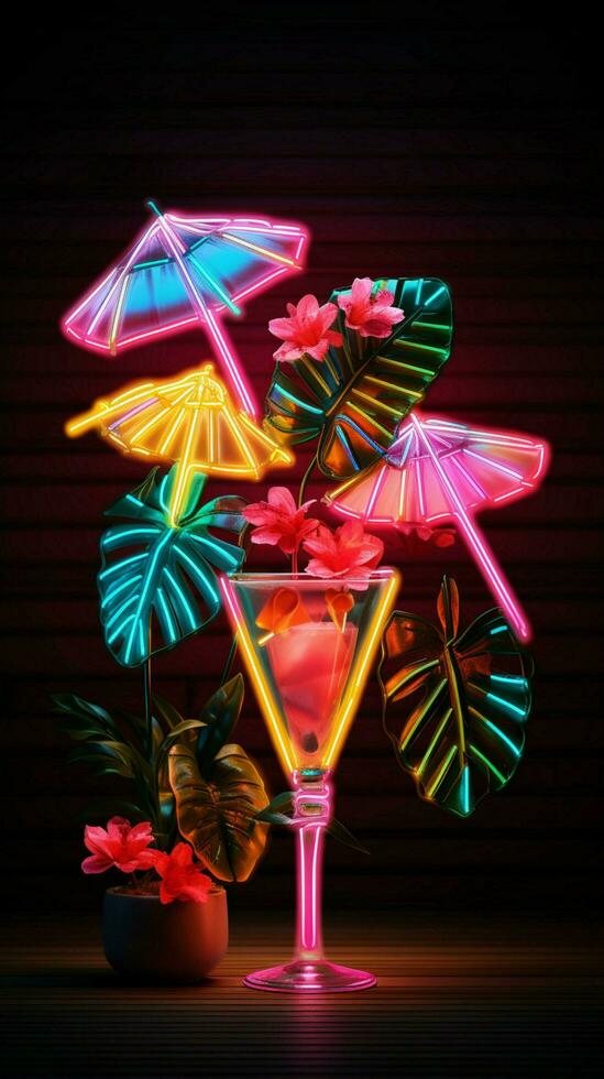 tropisch Stimmung Neon- Zeichen Eigenschaften ein bunt Cocktail geschmückt mit ein winzig Regenschirm Vertikale Handy, Mobiltelefon Hintergrund ai generiert foto