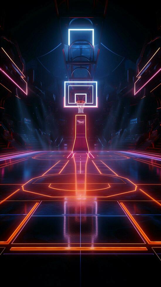 lebendig 3d Sport Arena Neon- zündete Basketball Gericht präsentiert von das Seite Vertikale Handy, Mobiltelefon Hintergrund ai generiert foto