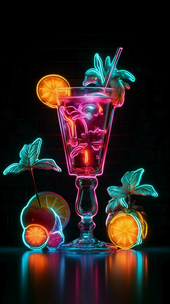 lebendig Trankopfer ein Neon- Zeichen lockt mit ein tropisch Cocktail und Regenschirm Vertikale Handy, Mobiltelefon Hintergrund ai generiert foto