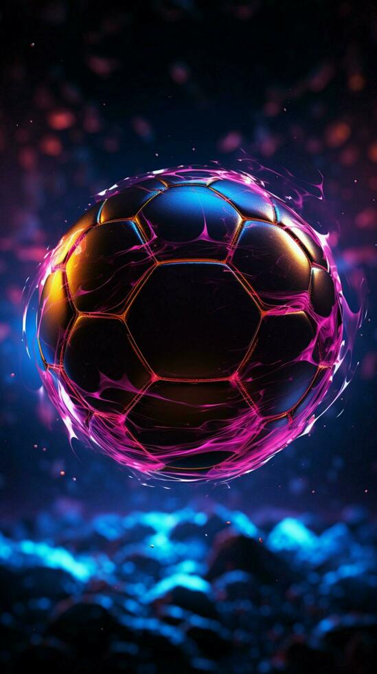 dynamisch Neon- Banner Vitrine Sport Wetten Verdienste mit ein Fußball Ball Thema Vertikale Handy, Mobiltelefon Hintergrund ai generiert foto