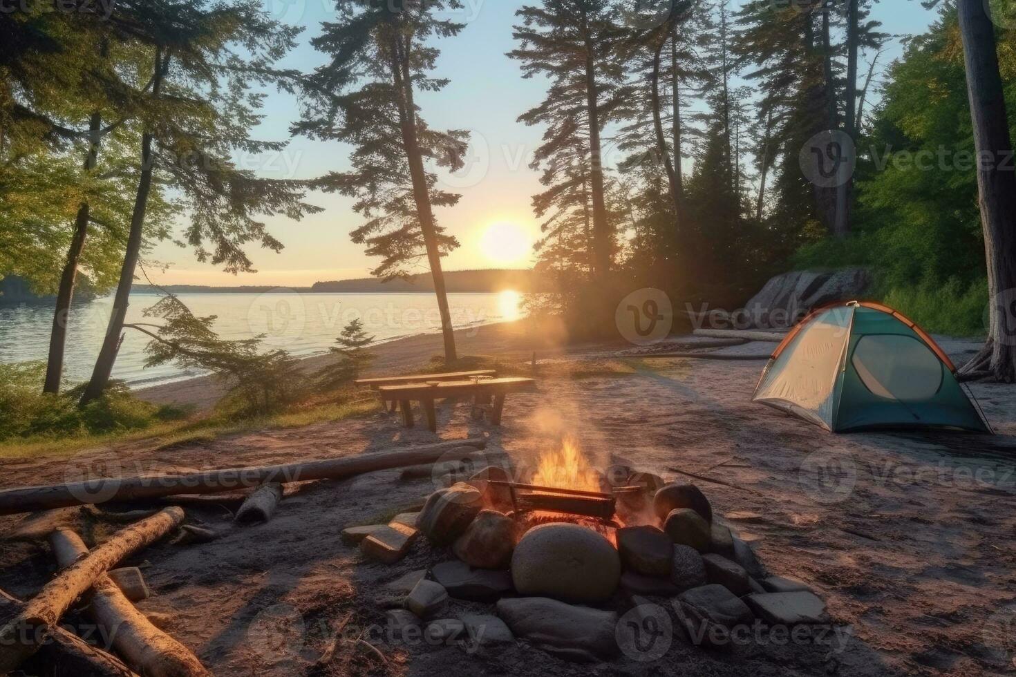 Campingplatz im das Strand im das Morgen Aussicht Werbung Landschaft Fotografie ai generiert foto