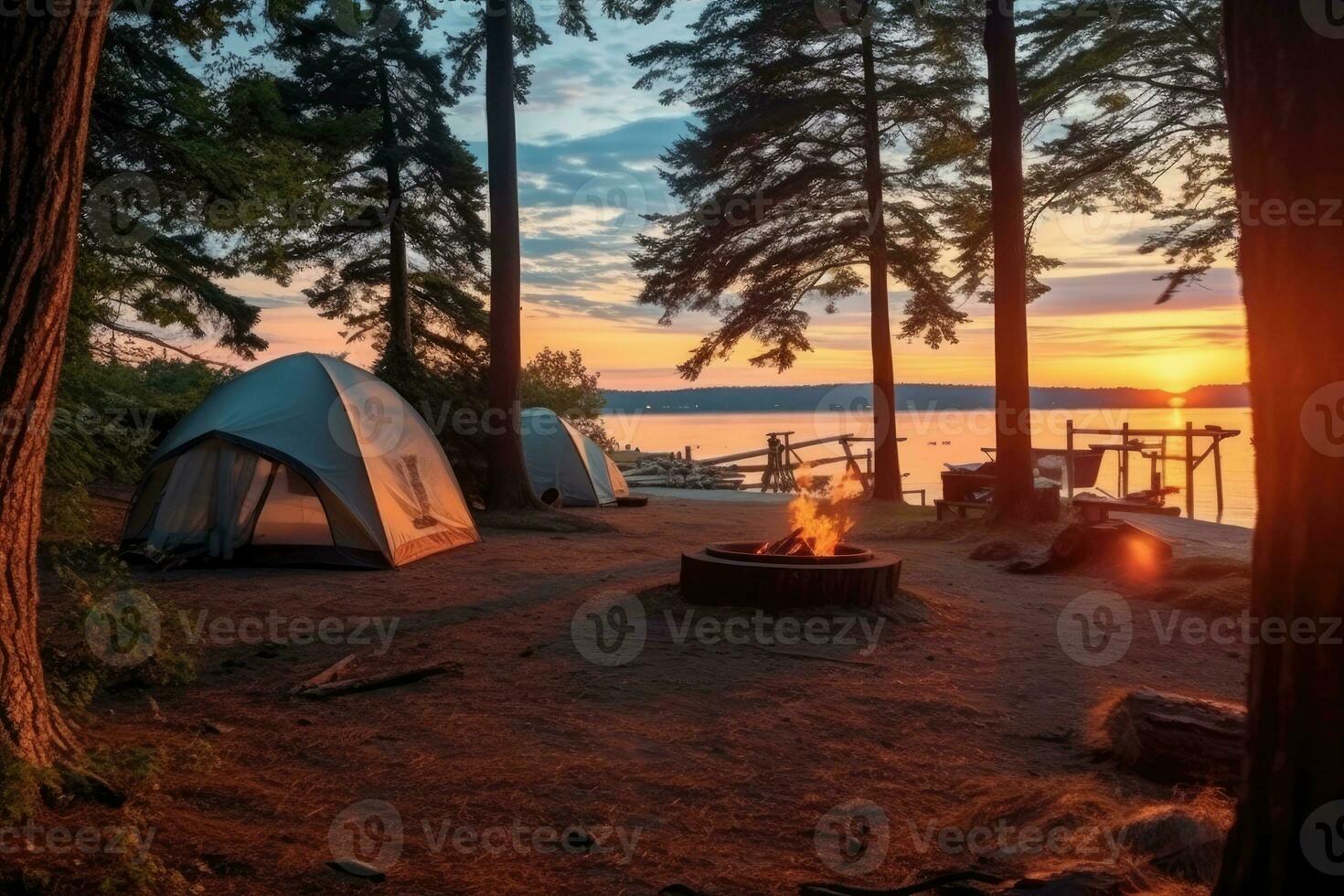 Campingplatz im das Strand im das Morgen Aussicht Werbung Landschaft Fotografie ai generiert foto