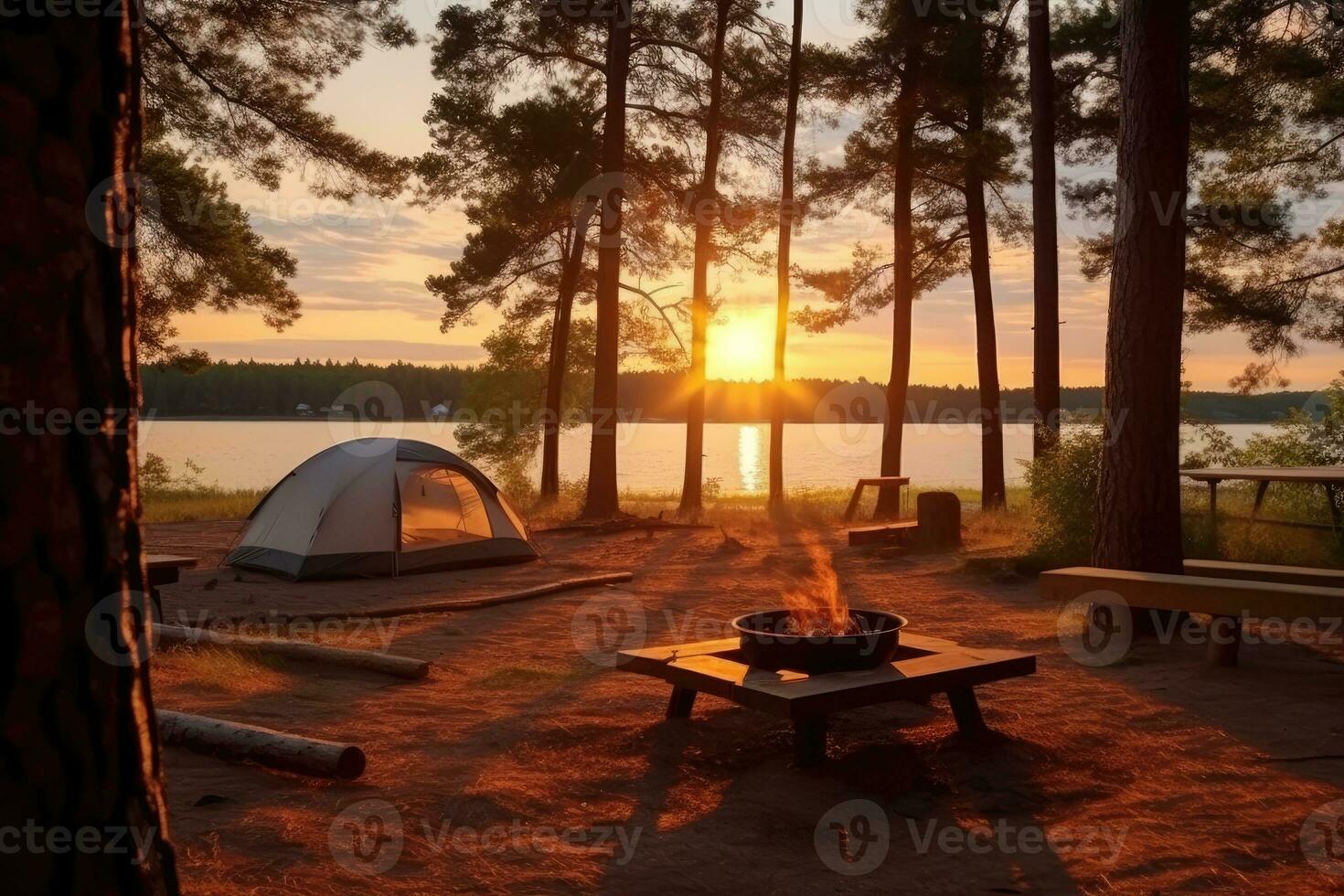 Campingplatz im das Strand im das Morgen Aussicht Werbung Landschaft Fotografie ai generiert foto