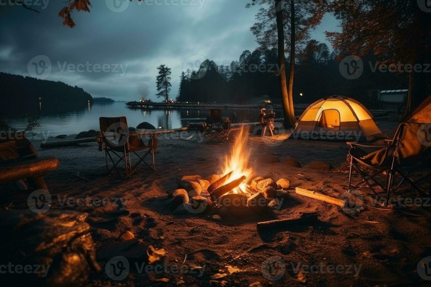 Campingplatz im das Strand im das Morgen Aussicht Werbung Landschaft Fotografie ai generiert foto