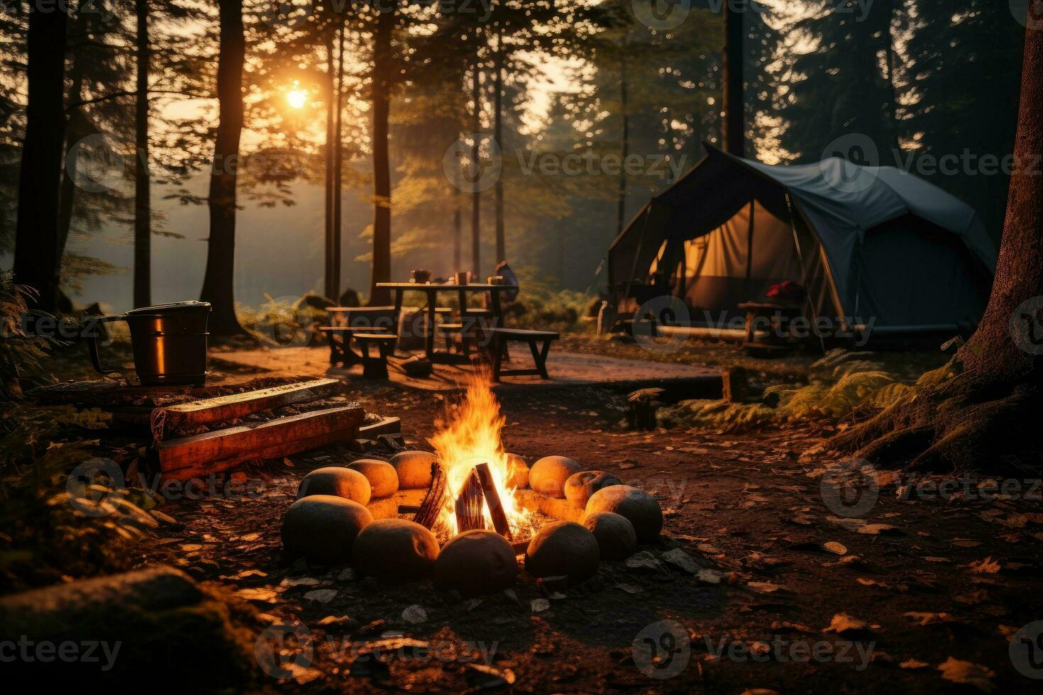 Campingplatz im das Strand im das Morgen Aussicht Werbung Landschaft Fotografie ai generiert foto