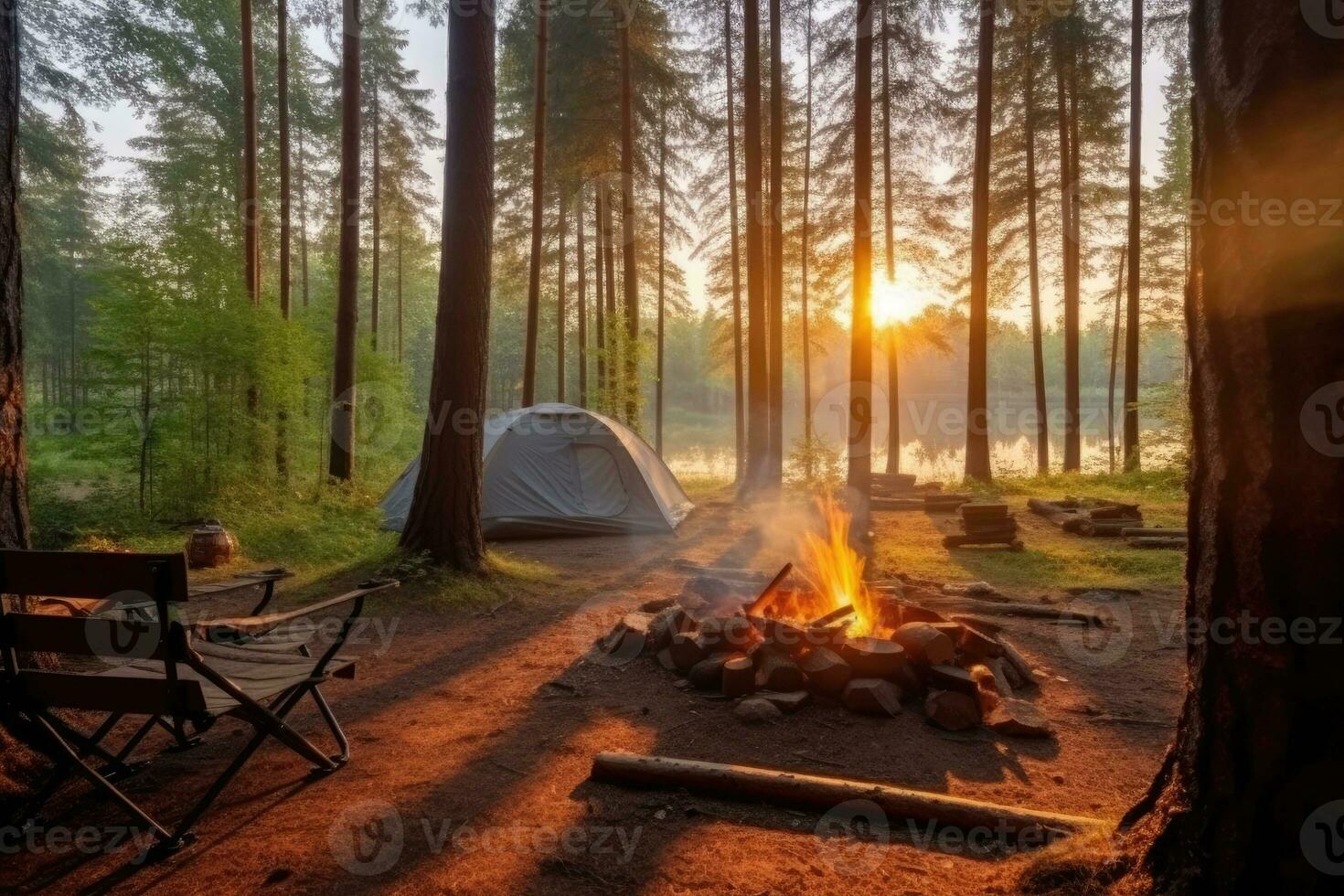 Campingplatz im das Strand im das Morgen Aussicht Werbung Landschaft Fotografie ai generiert foto