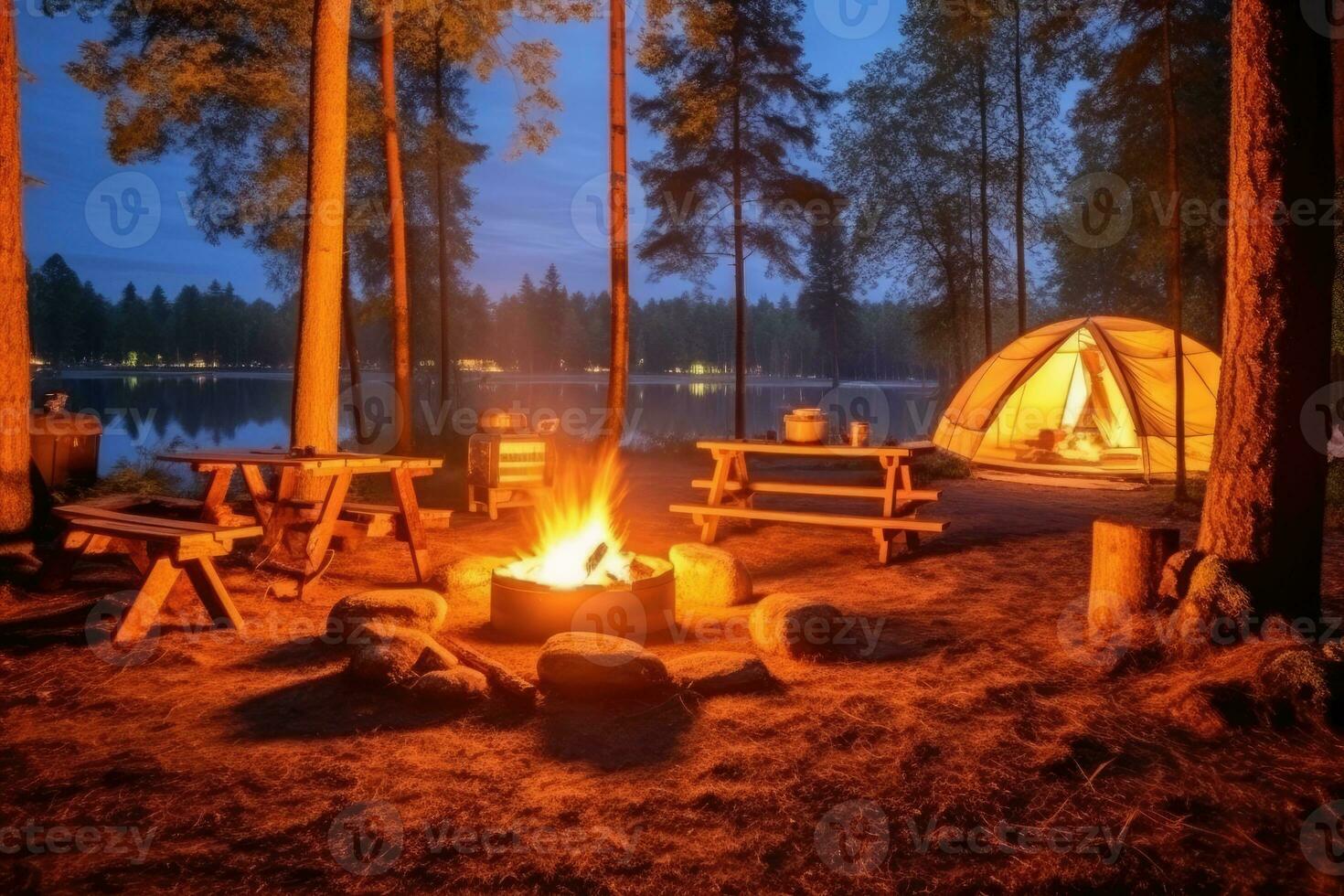 Campingplatz im das Strand im das Morgen Aussicht Werbung Landschaft Fotografie ai generiert foto