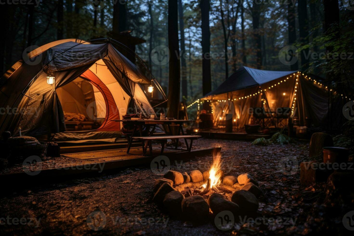 Campingplatz im das Strand im das Morgen Aussicht Werbung Landschaft Fotografie ai generiert foto