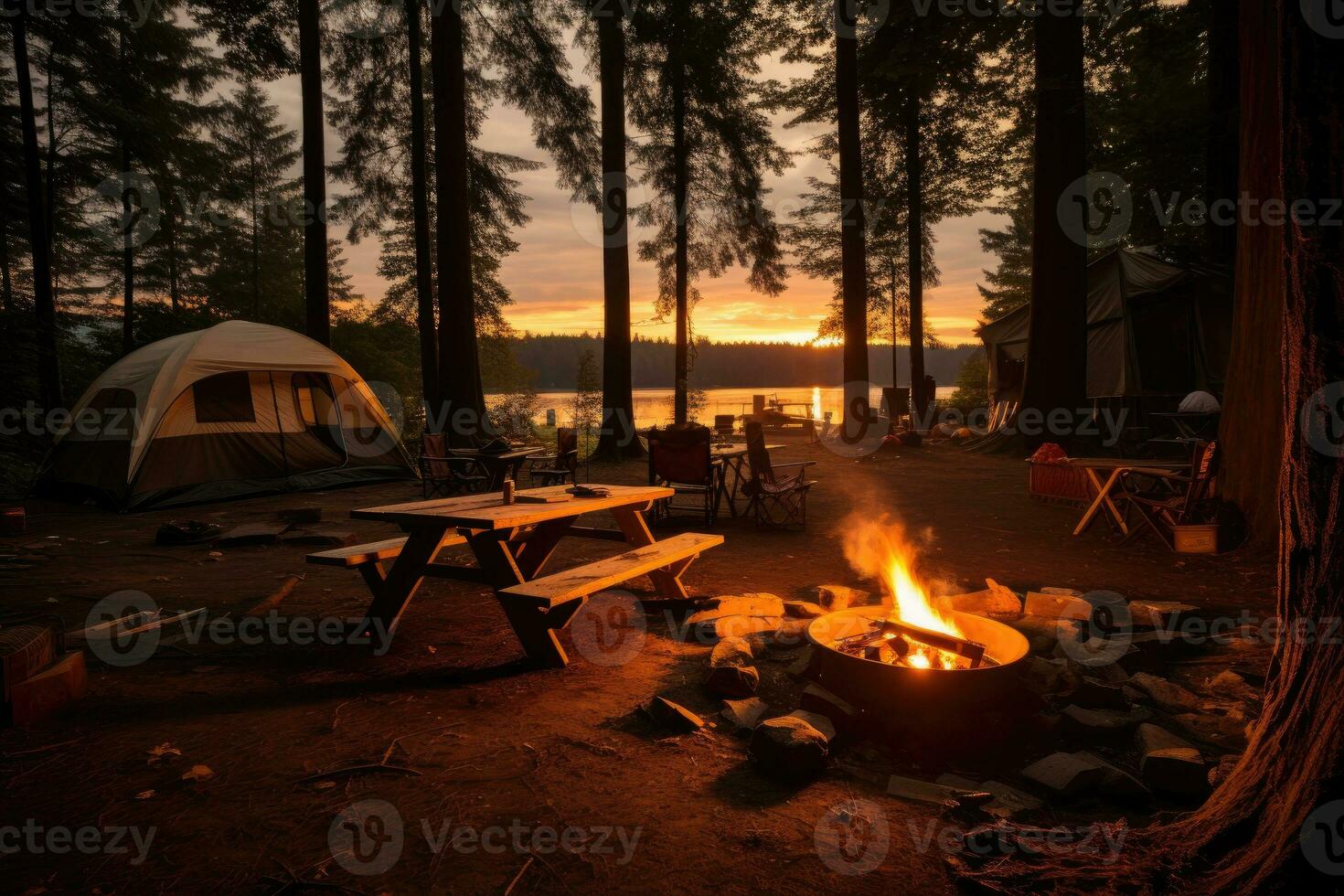 Campingplatz im das Strand im das Morgen Aussicht Werbung Landschaft Fotografie ai generiert foto