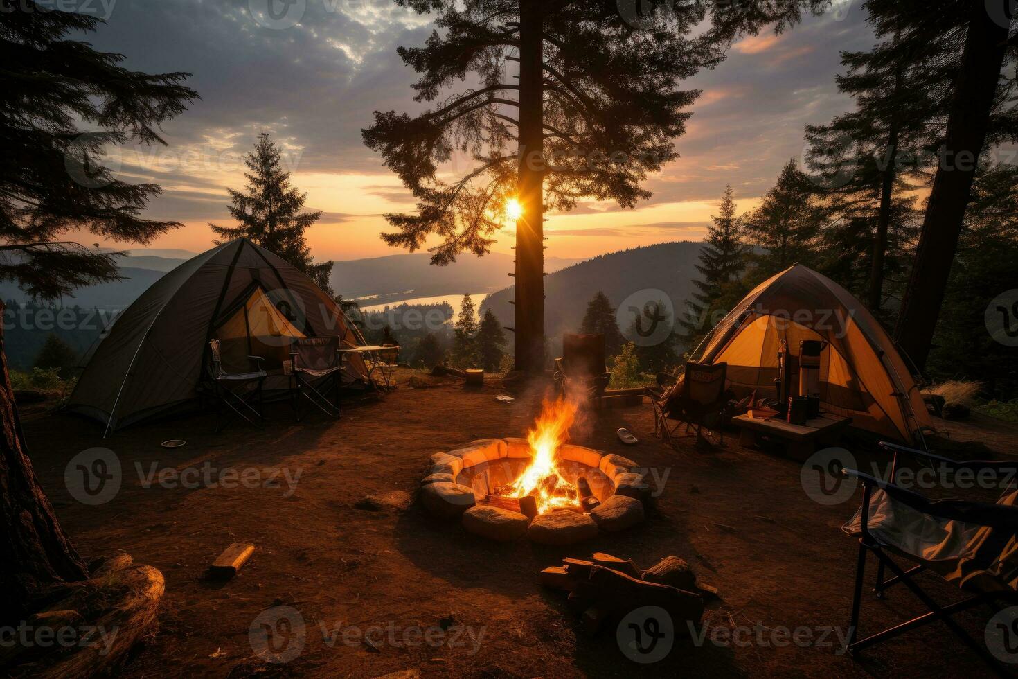 Campingplatz im das Strand im das Morgen Aussicht Werbung Landschaft Fotografie ai generiert foto