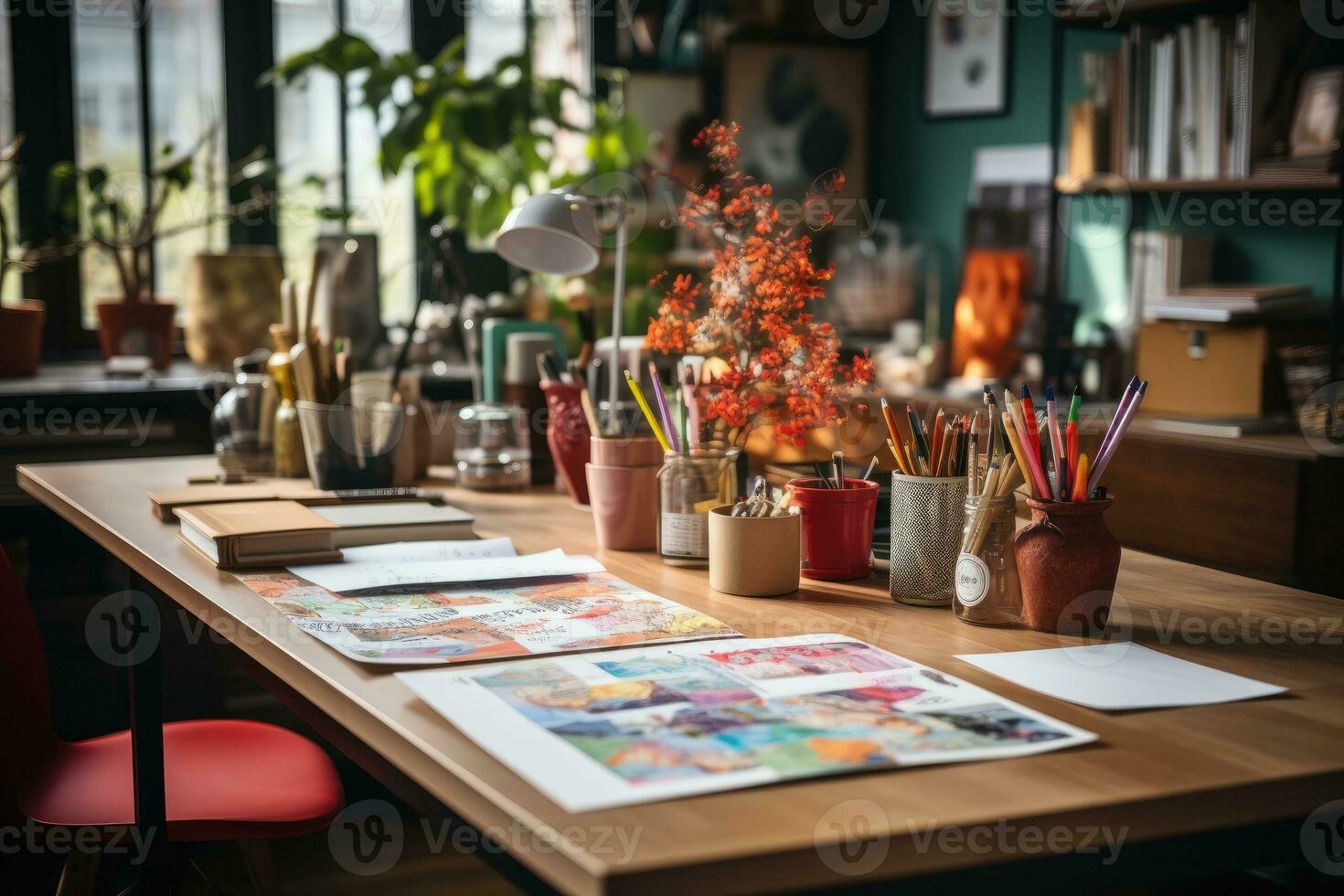 schließen oben von ein skandinavisch Büro Schreibtisch mit Papier und liefert ai generiert foto