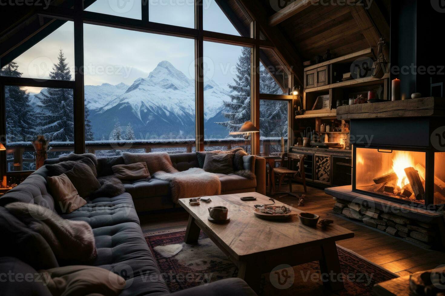 Aussicht von Schnee Berge im Winter von Innerhalb das Kabine Werbung Fotografie foto