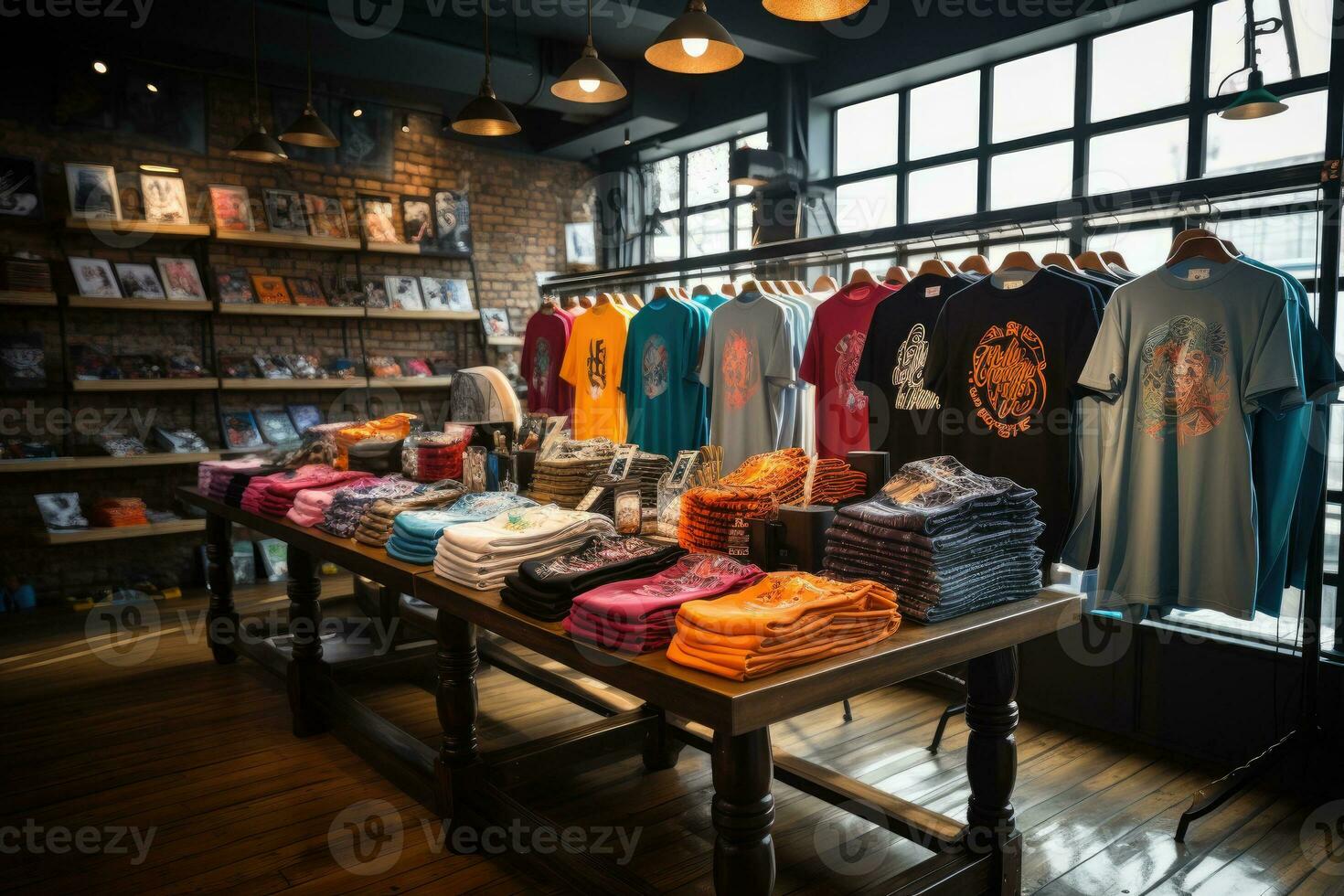 Innerhalb T-Shirt Geschäft Anzeige Zimmer Aussicht Industrieller Stil ai generativ foto