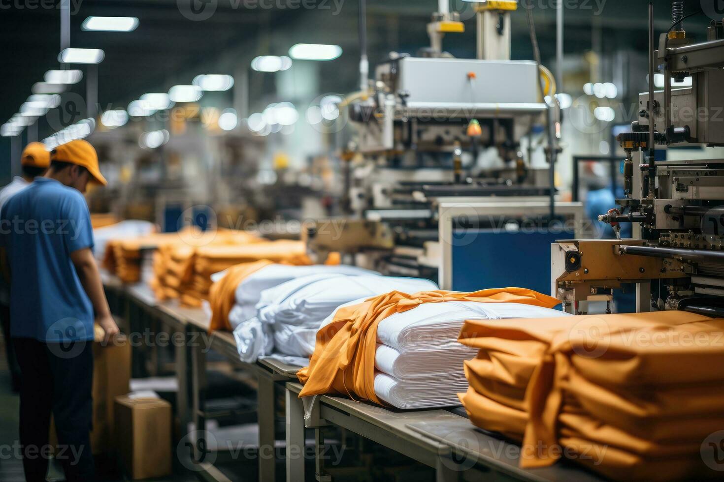 Foto von Innerhalb Textil- Fabrik Linie Produktion Aussicht ai generativ