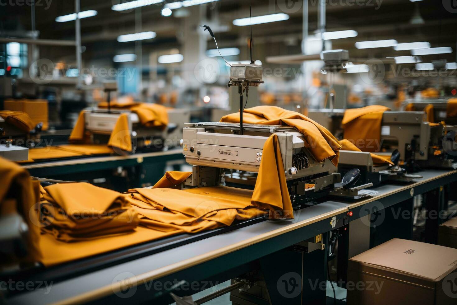 Foto von Innerhalb Textil- Fabrik Linie Produktion Aussicht ai generativ