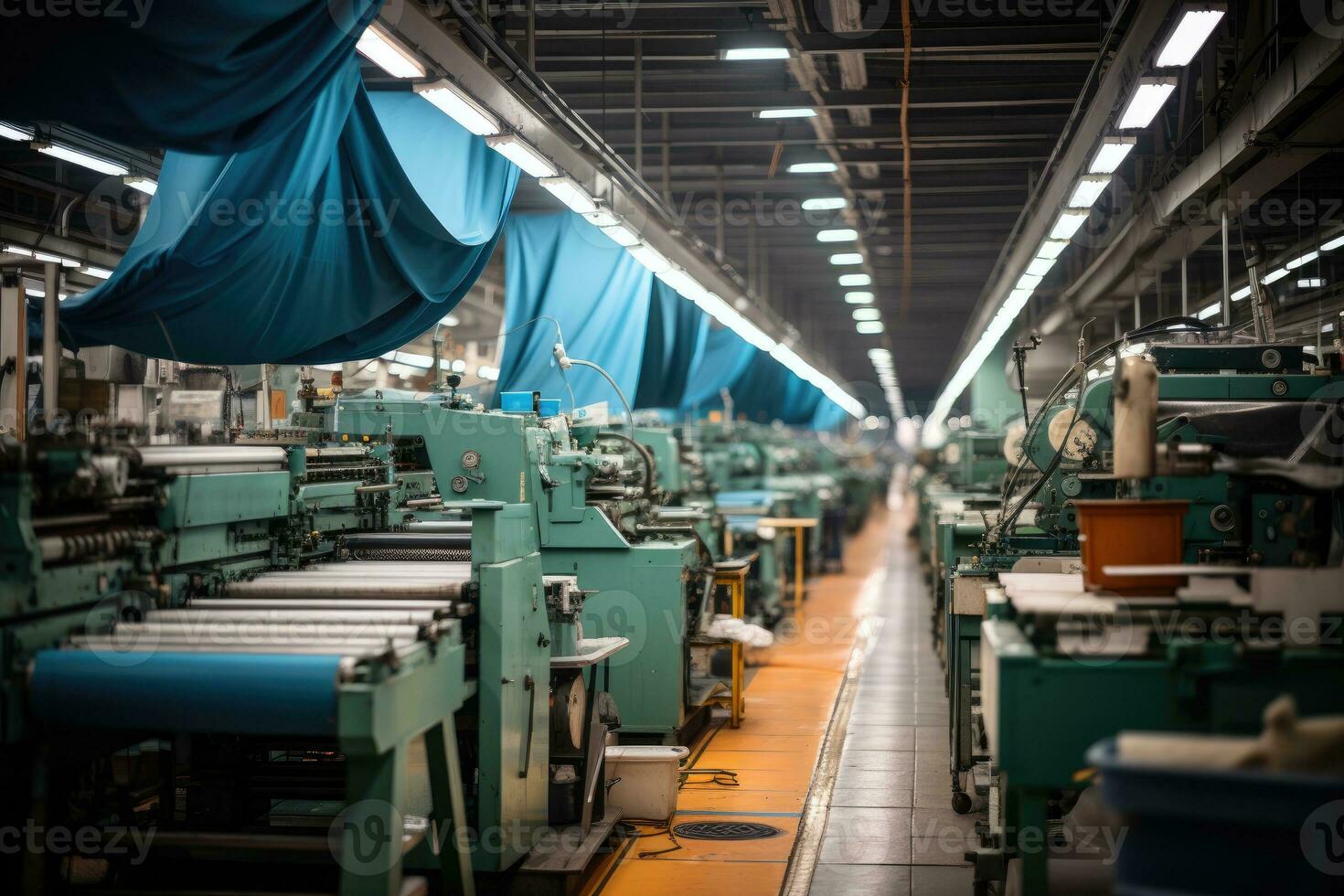 Foto von Innerhalb Textil- Fabrik Linie Produktion Aussicht ai generiert