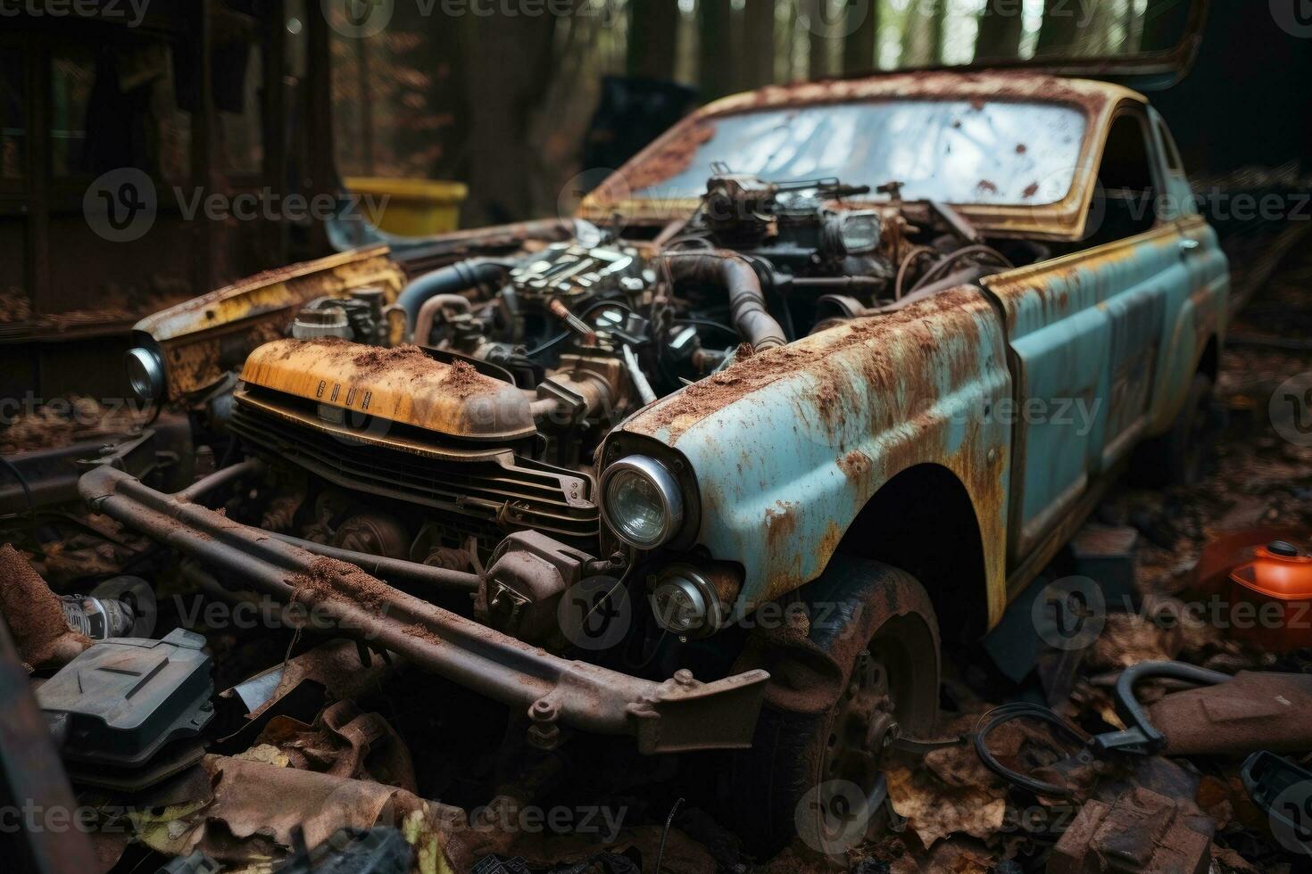 Innerhalb rostig Auto Kapuze Motor Fachmann Werbung Fotografie ai generiert foto