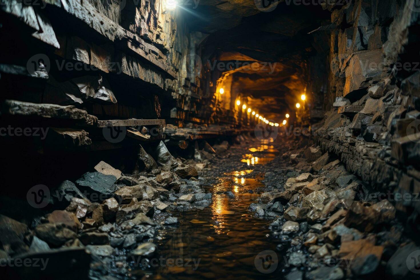 dunkel Bergwerk Tunnel wo Kristalle erscheinen auf das Oberfläche Fachmann Werbung Fotografie ai generiert foto