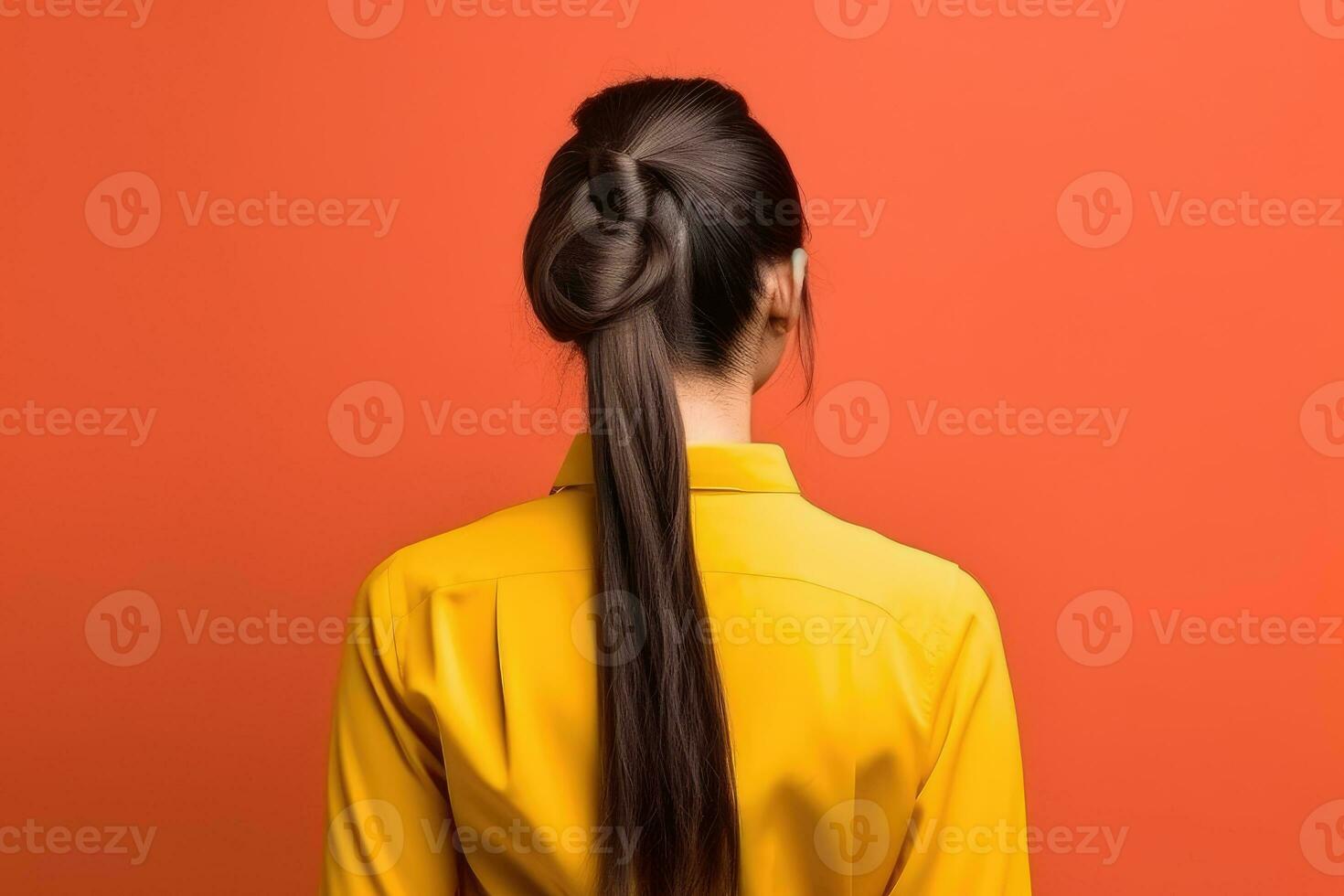 Frauen Pferdeschwanz Frisur aussehen von zurück Fachmann Werbung Fotografie ai generiert foto