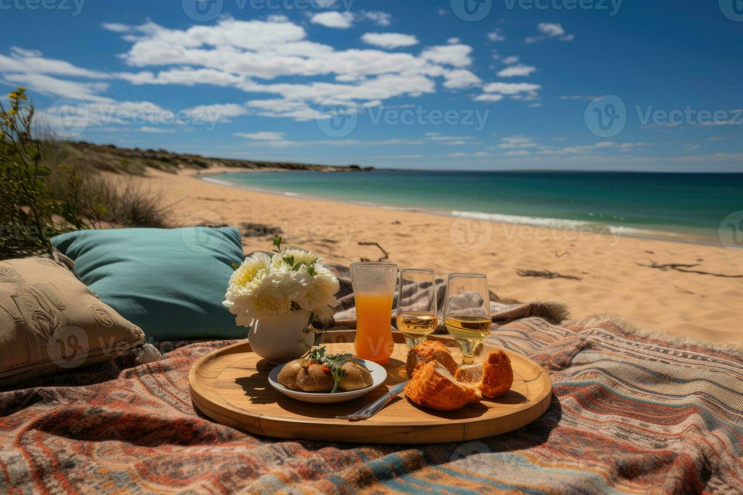 Picknick auf das Teppich Strand Aussicht Fachmann Werbung Fotografie ai generiert foto